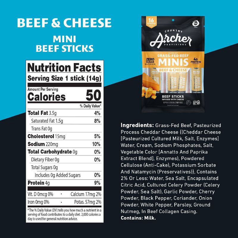 slide 3 of 5, Country Archer Jerky Co. Beef & Cheese Mini Sticks - 8oz/16ct, 16 ct; 8 oz