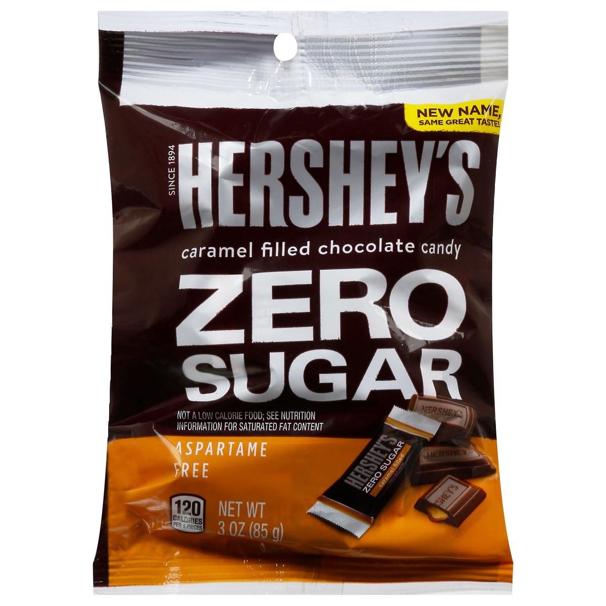 slide 1 of 9, Hershey's Zero Sugar Caramel Filled Chocolate Candy Bag, 3 oz, 3 oz