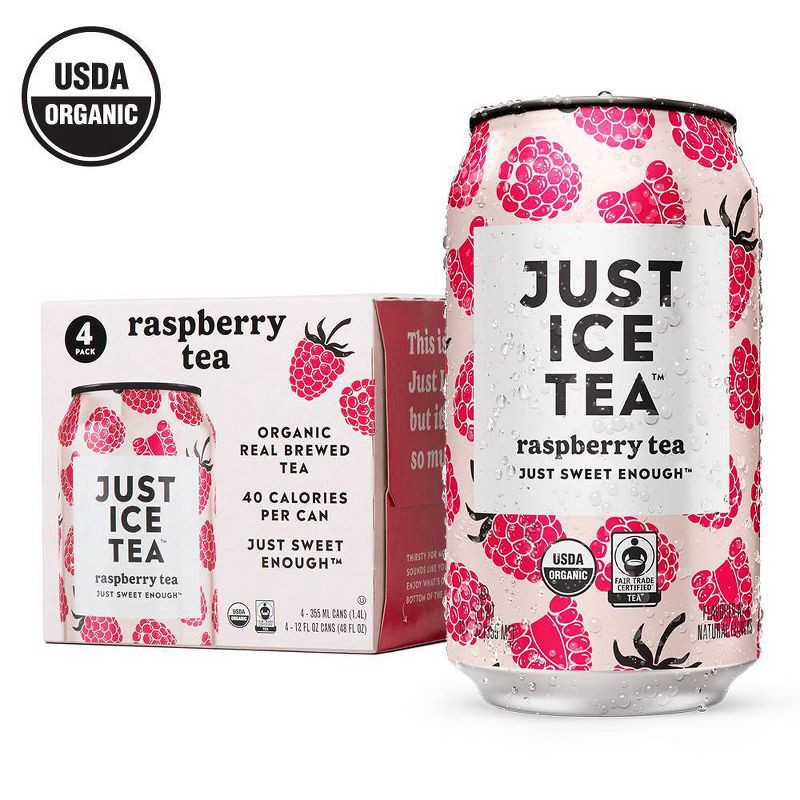 slide 2 of 7, JUST ICE TEA Raspberry Black Tea - 4pk/12 fl oz Cans, 4 ct; 12 fl oz