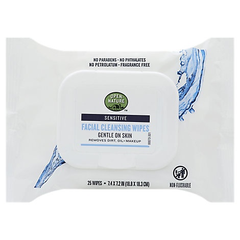 slide 1 of 1, Open Nature Facial Cleansing Wipes Sensitive Gentle On Skin, 25 ct