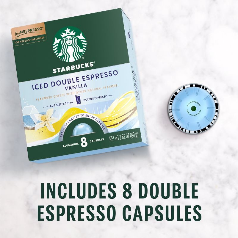 slide 3 of 8, Starbucks by Nespresso Vertuo Line Iced Double Espresso Vanilla Flavored Light Roast Coffee Pods - 8ct, 8 ct