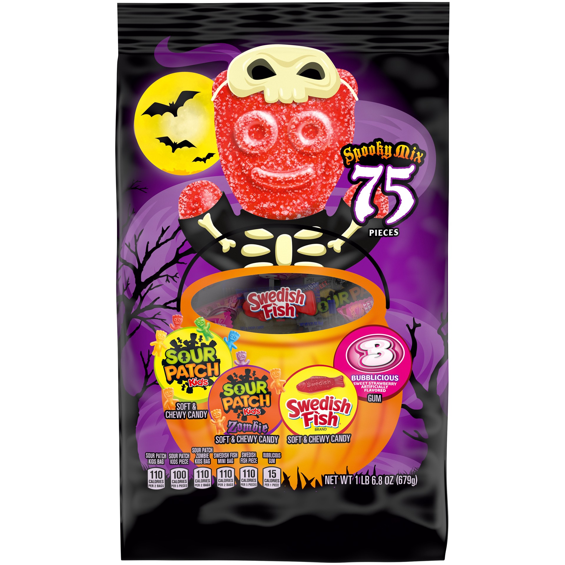 slide 1 of 9, Cross Brand SOUR PATCH KIDS Candy, SOUR PATCH KIDS Zombie Candy, SWEDISH FISH Candy & Bubblicious Gum Halloween Candy Mix, 75 Trick or Treat Snack Packs, 75 ct