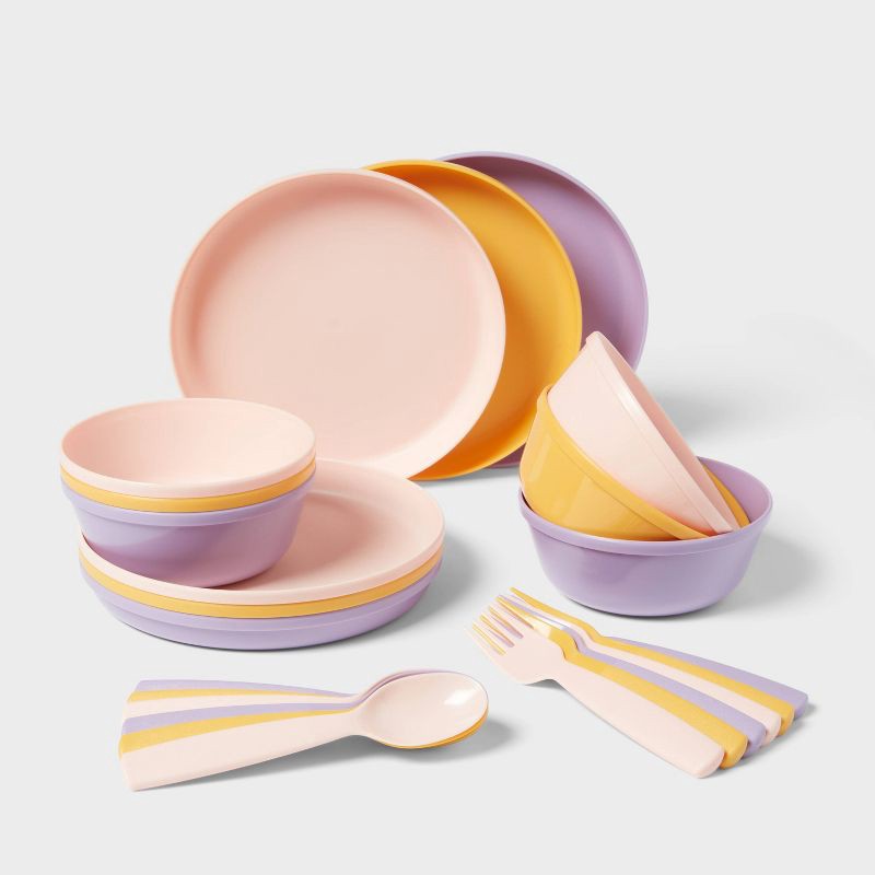 slide 1 of 5, Kids' 24pc Plastic Dinnerware Serving Set Warm Color - Pillowfort™, 24 ct
