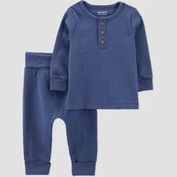 Carter's Just One You® Baby Boys' 2pc Textured Knit Top & Bottom Set - Blue 6M: Cotton Elastane Blend, Long Sleeve Pullover