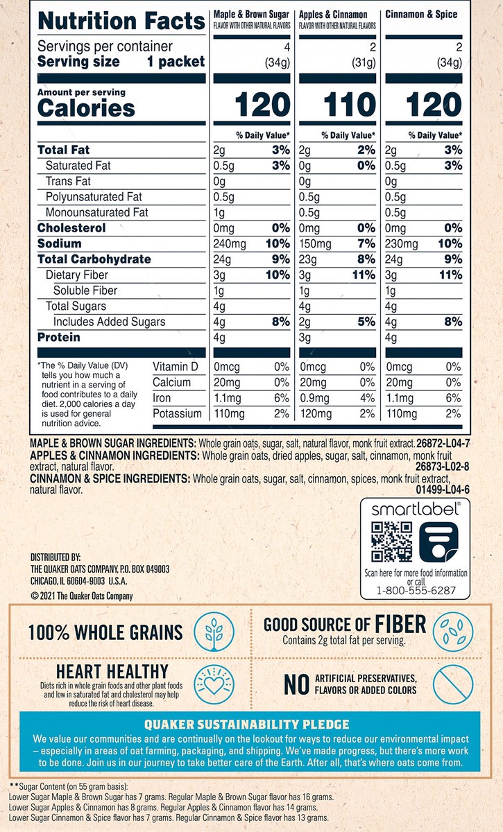 slide 3 of 6, Quaker Lower Sugar Variety Pack Oatmeal - 9.3oz, 9.3 oz