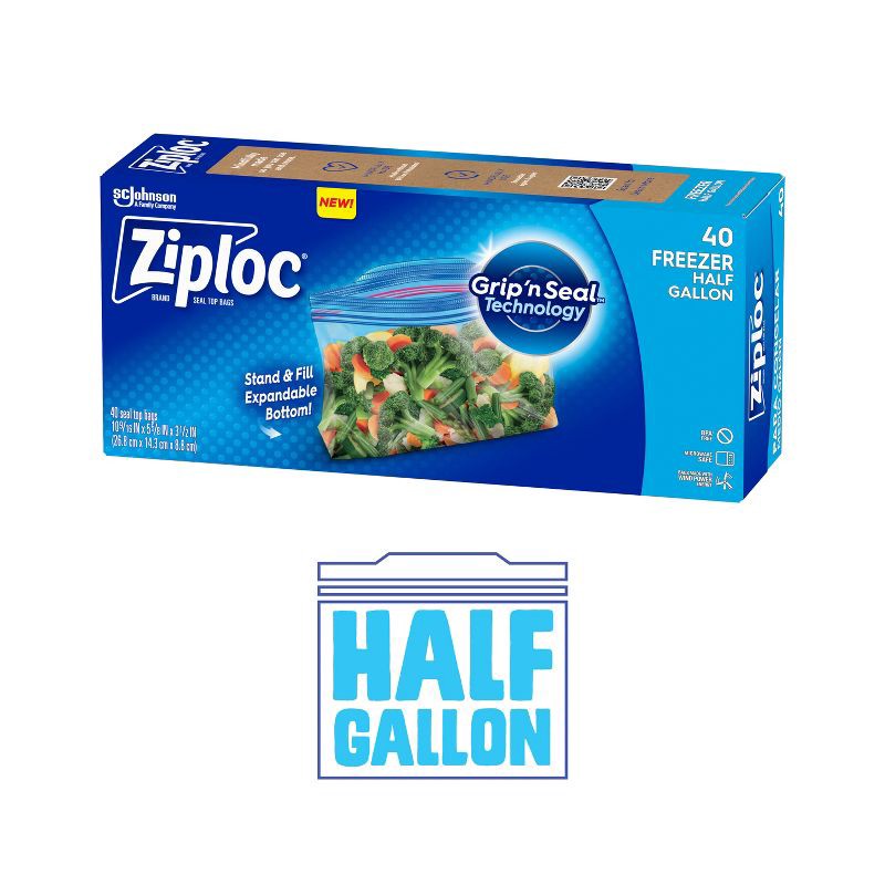 slide 9 of 12, Ziploc Half Gallon Freezer Bags with Grip 'n Seal Technology - 40ct, 40 ct