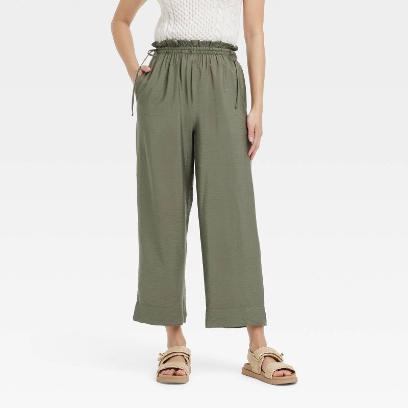 slide 1 of 3, Women's High-Rise Straight Leg Side-Tie Pull-On Pants - A New Day™ Green XL: Rayon-Nylon Blend, Ankle Length, 1 ct