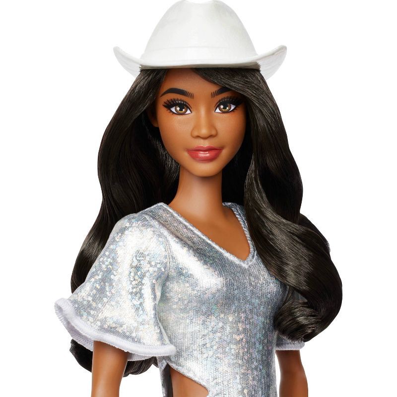 slide 3 of 6, Barbie Fashionistas Doll #239 in Sparkly Silver Dress with Cowboy Hat and Boots, Black Hair, 1 ct