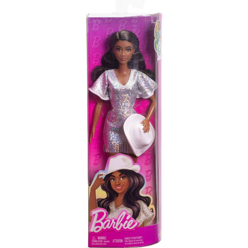 slide 6 of 6, Barbie Fashionistas Doll #239 in Sparkly Silver Dress with Cowboy Hat and Boots, Black Hair, 1 ct