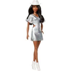 Barbie Fashionistas Doll #239 in Sparkly Silver Dress with Cowboy Hat and Boots, Black Hair