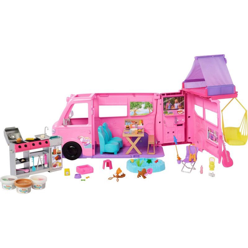 slide 1 of 6, Barbie Dream Camper Playset with Roof Tent, BBQ Grill with Color-Change Feature and 60+ Accessories, 1 ct