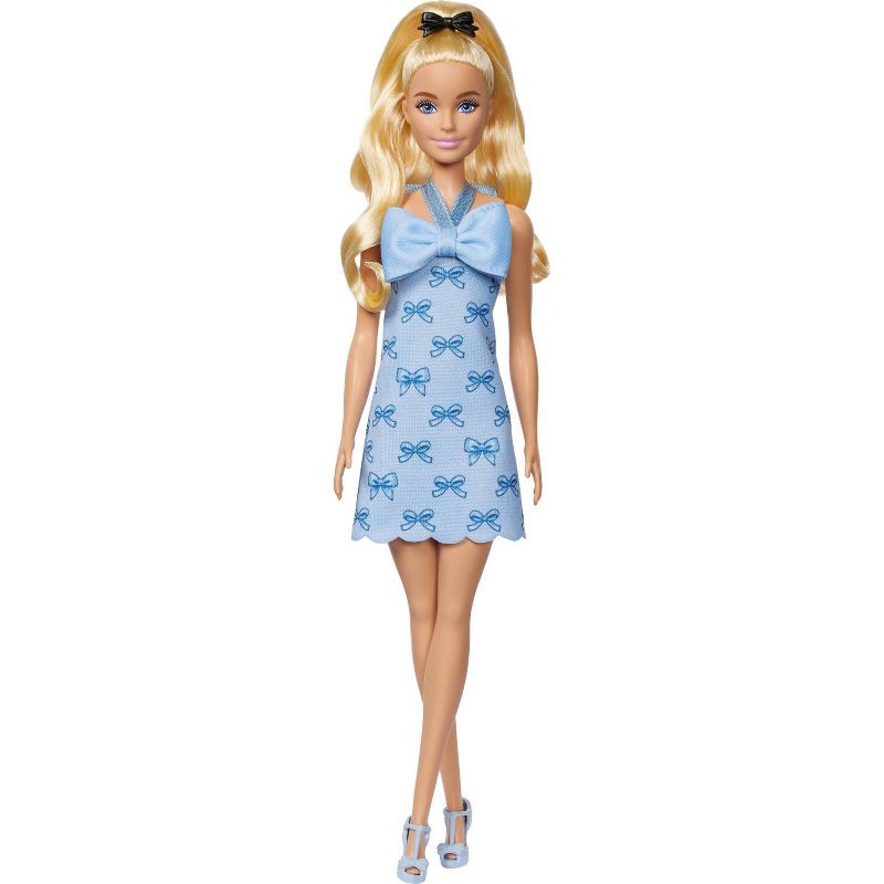slide 4 of 6, Barbie Fashionistas Doll #237 in Blue Bow Halter Dress, Blonde Ponytail with Bow Accessory, 1 ct