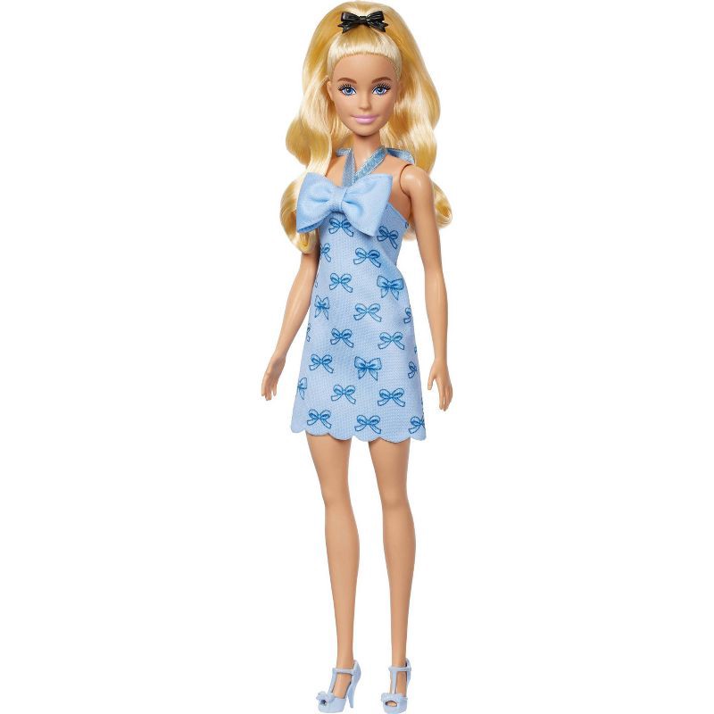 slide 5 of 6, Barbie Fashionistas Doll #237 in Blue Bow Halter Dress, Blonde Ponytail with Bow Accessory, 1 ct