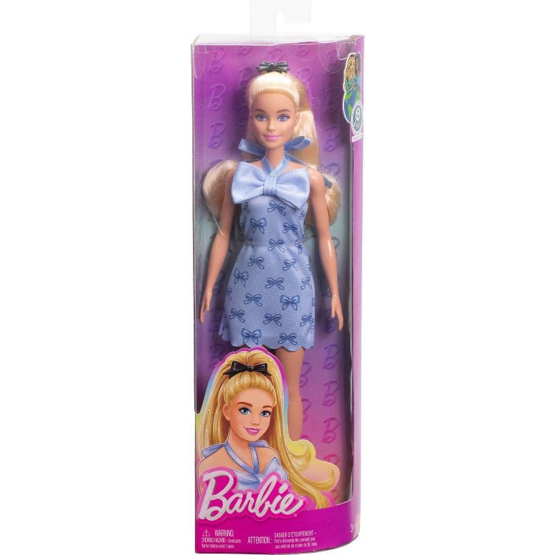 slide 6 of 6, Barbie Fashionistas Doll #237 in Blue Bow Halter Dress, Blonde Ponytail with Bow Accessory, 1 ct