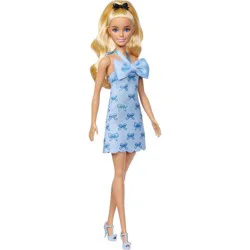 Barbie Fashionistas Doll #237 in Blue Bow Halter Dress, Blonde Ponytail with Bow Accessory