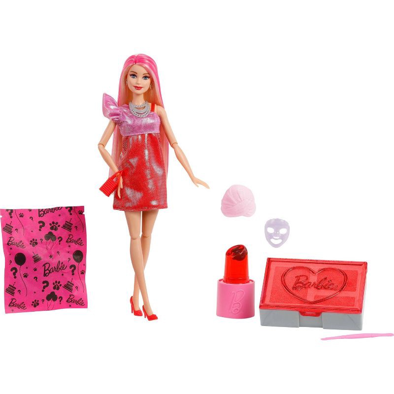 slide 2 of 5, Barbie Party Unboxed Glam Party Series Red Sparkle Doll & Accessories with 10 Surprises, 1 ct