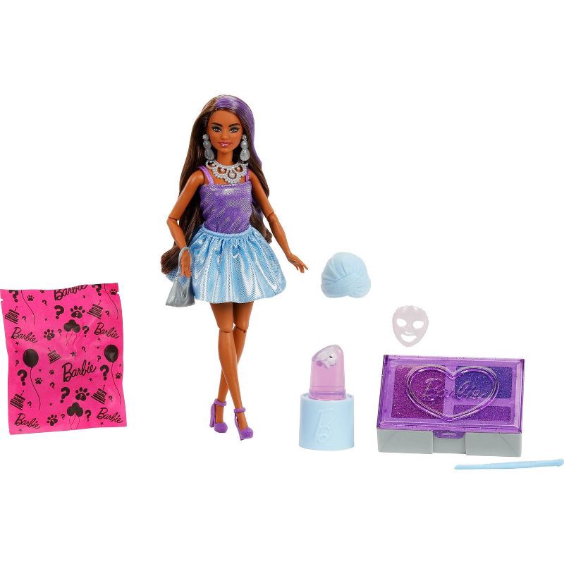 slide 2 of 6, Barbie Party Unboxed Glam Party Series Purple Sparkle Doll & Accessories with 10 Surprises, 1 ct