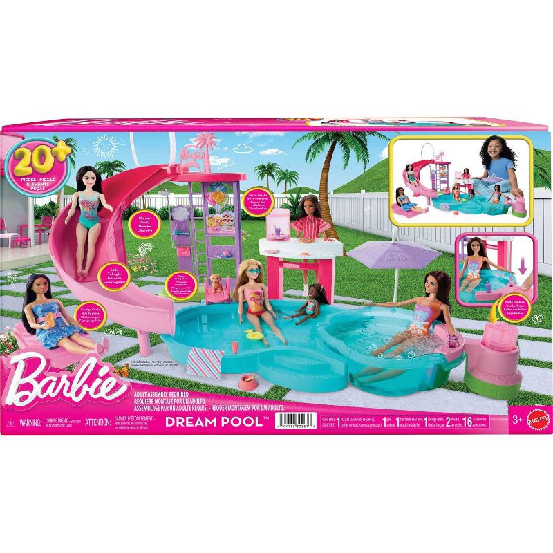 slide 6 of 6, Barbie Dream Pool Playset with Slide & Bubbling Hot Tub with 20+ Accessories, 1 ct