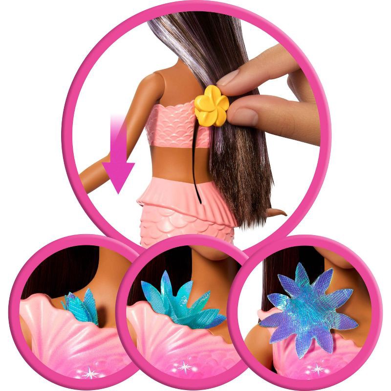 slide 3 of 6, Barbie Flower Magic Mermaid Toy Doll with Surprise Blooming Flowers Feature, Long Brown Hair with Purple Highlights, 1 ct