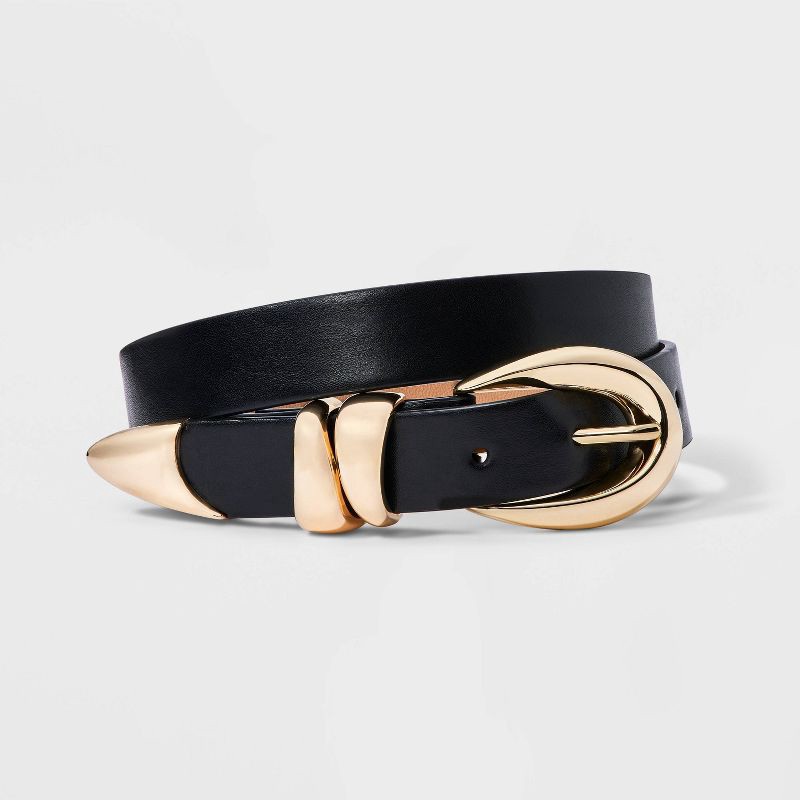 slide 1 of 3, Women's Organic Gold Buckle Belt - A New Day™ Black M: Adjustable Skinny Belt, Solid Pattern, & Bonded Leather, 1 ct