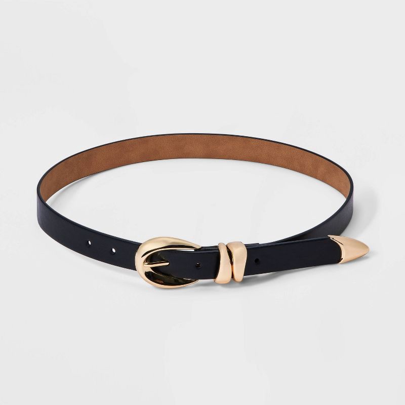 slide 2 of 3, Women's Organic Gold Buckle - A New Day™ Black L: Adjustable Skinny Belt, Solid Pattern, 44" Length, 1 ct