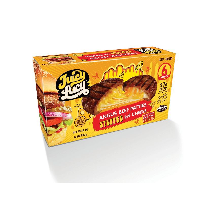 slide 1 of 4, Juicy Lucy Angus Beef Burger Patties Stuffed with Cheese - Frozen - 32oz/6ct, 32 oz, 6 ct