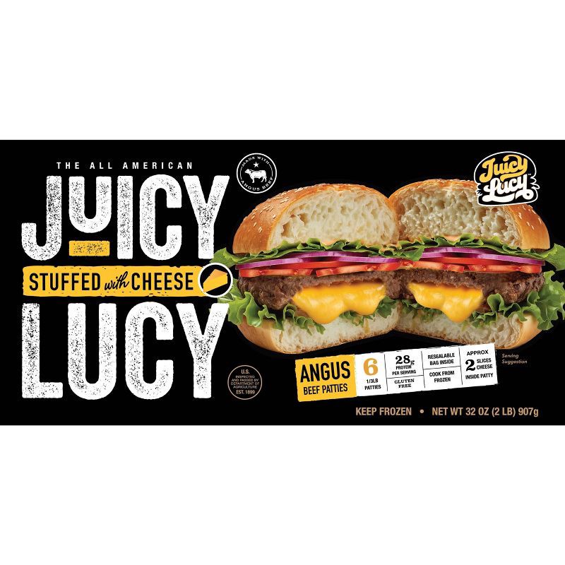 slide 1 of 4, Juicy Lucy Angus Beef Patties Stuffed with American Cheese - Frozen - 32oz/6ct, 32 oz, 6 ct