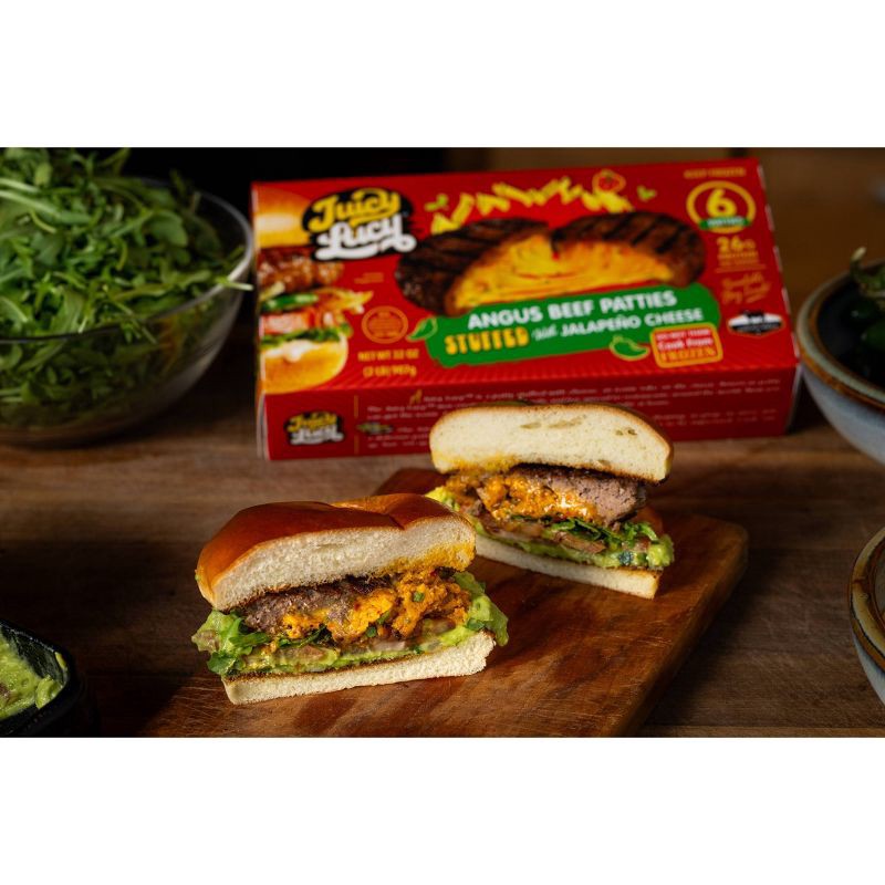 slide 4 of 4, Juicy Lucy Angus Beef Burger Patties Stuffed with Jalapeno Cheese - Frozen - 32oz/6ct, 32 oz, 6 ct