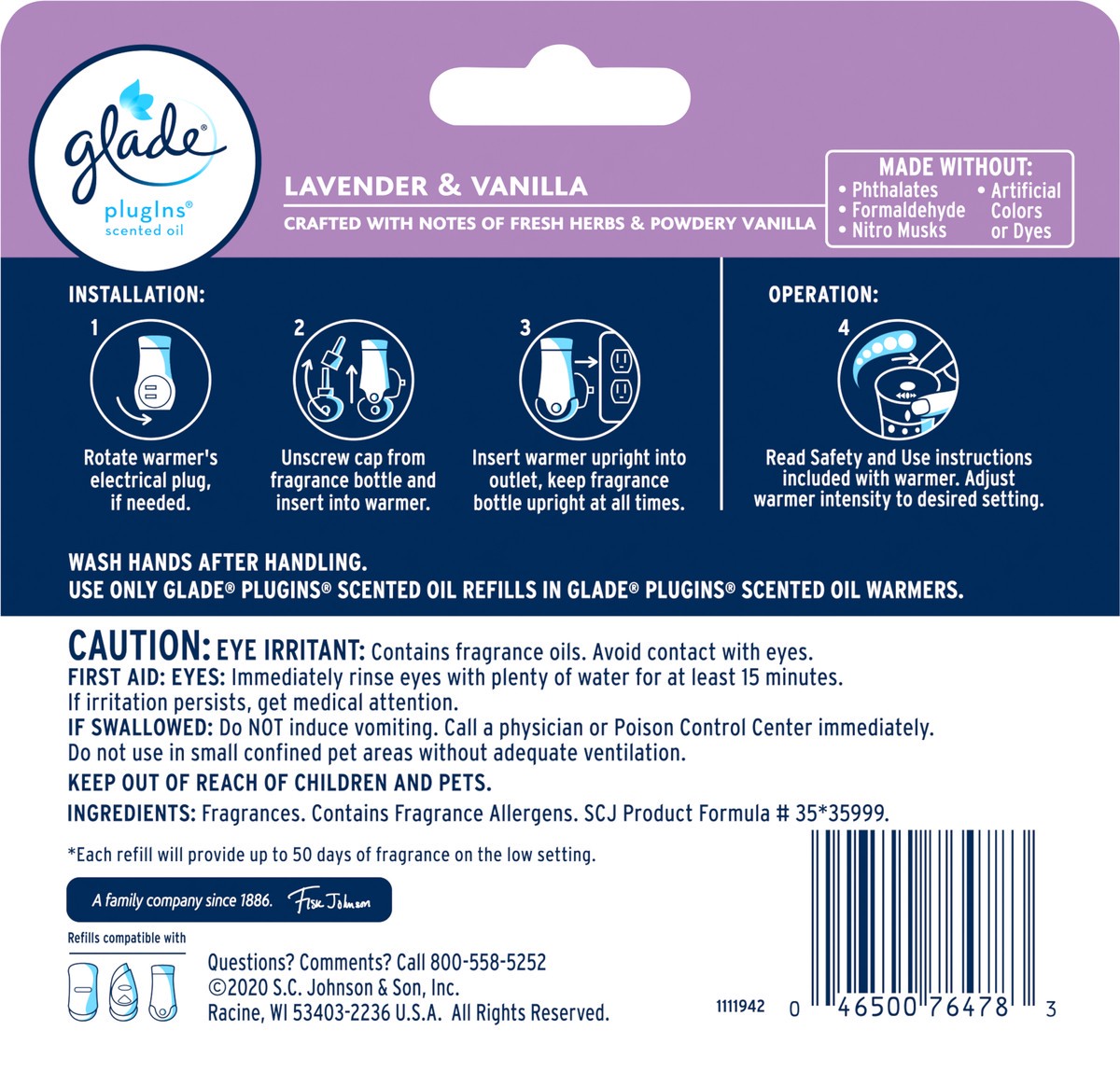 slide 3 of 5, Glade PlugIns Lavender & Vanilla Scented Oil Refills 3 - 0.67 fl oz (19.8 ml) Refills, 3 ct