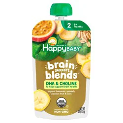 Happy Baby Brain Support Blends, Organic Stage 2 Baby Food with DHA & Choline, Bananas, Spinach, Passion Fruit & Oats, 4 oz. Pouch