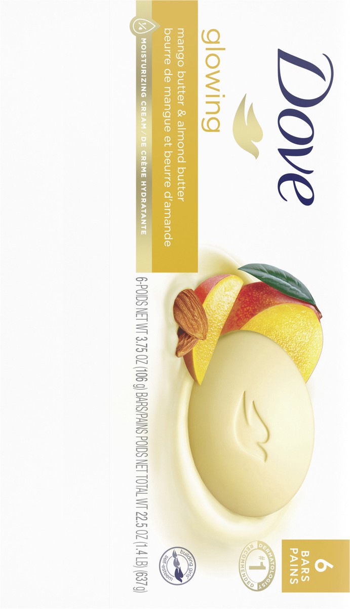 slide 4 of 4, Dove Beauty Bar Gentle Skin Cleanser Glowing Mango Butter and Almond Butter, 3.75 oz, 6 Bars, 3.75 oz