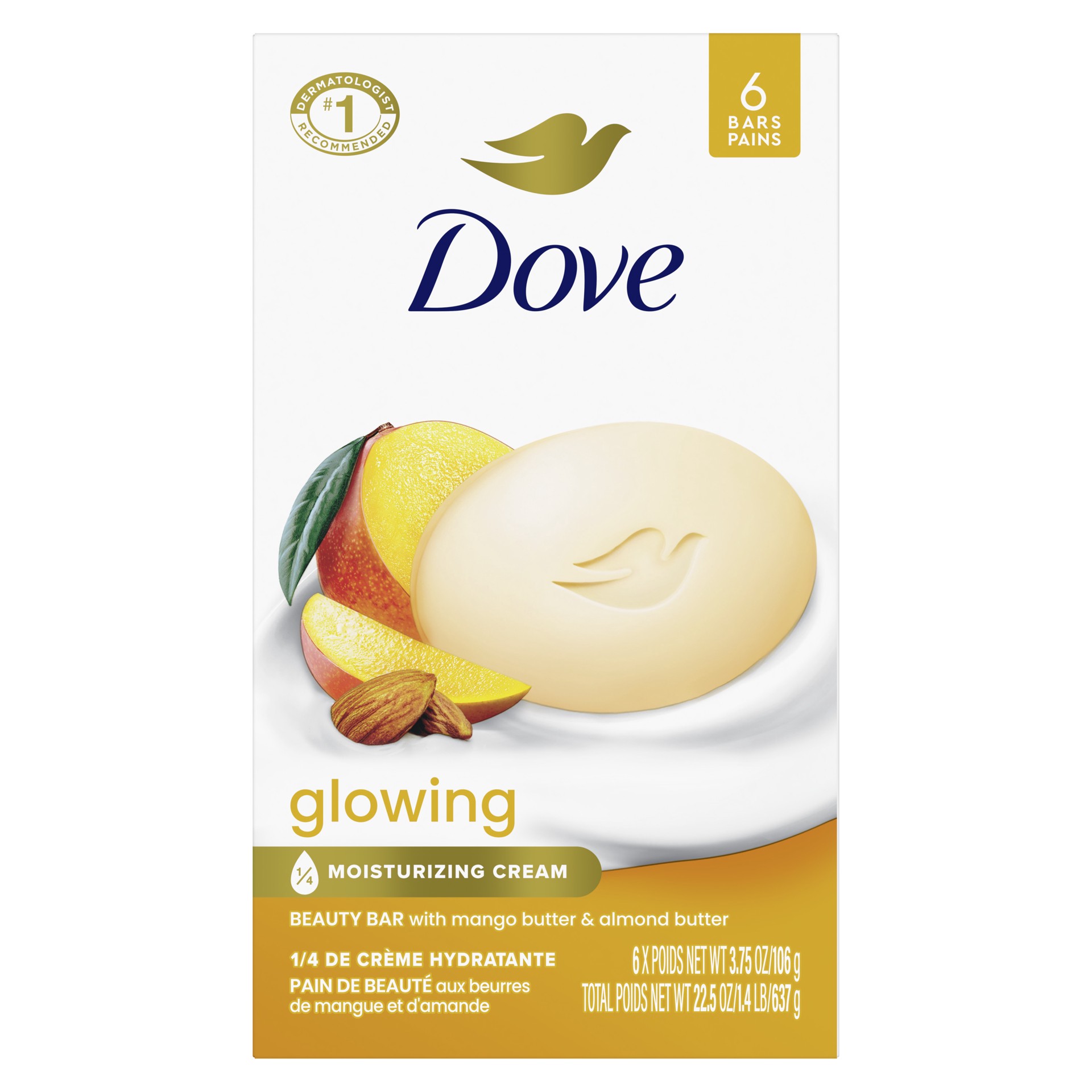 slide 1 of 4, Dove Beauty Bar Gentle Skin Cleanser Glowing Mango Butter and Almond Butter, 3.75 oz, 6 Bars, 3.75 oz