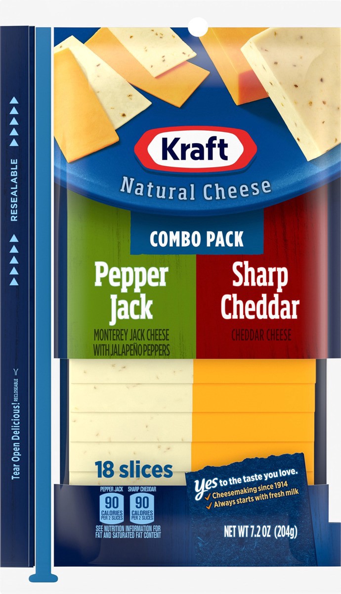 slide 10 of 13, Kraft Pepper Jack & Sharp Cheddar Cheese Slice Combo Pack, 18 ct Pack, 18 ct