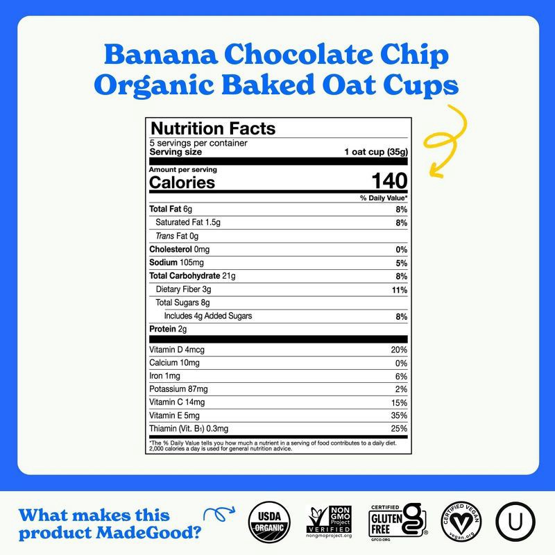 slide 6 of 7, MadeGood Snack Bars Banana Chocolate Chip Oat Cups - 6.15oz/5ct, 5 ct; 6.15 oz