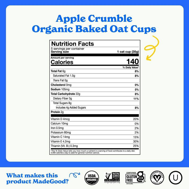 slide 6 of 7, MadeGood Snack Bars Apple Crumble Oat Cups - 6.15oz/5ct, 5 ct; 6.15 oz