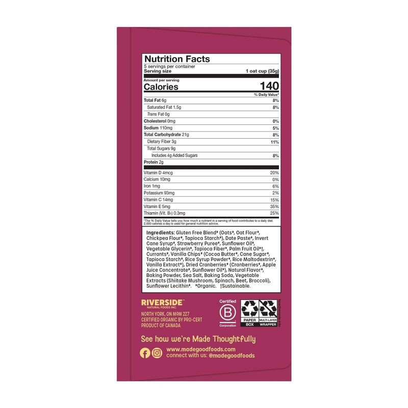 slide 2 of 7, MadeGood Snack Bars Berry Vanilla Oat Cups - 6.15oz/5ct, 5 ct; 6.15 oz