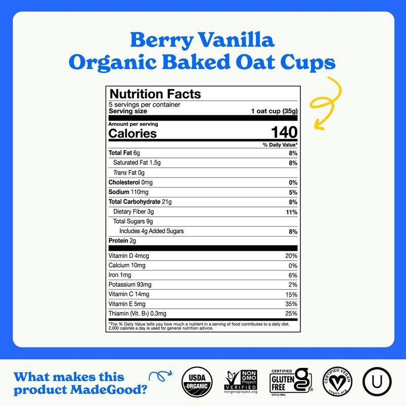 slide 6 of 7, MadeGood Snack Bars Berry Vanilla Oat Cups - 6.15oz/5ct, 5 ct; 6.15 oz