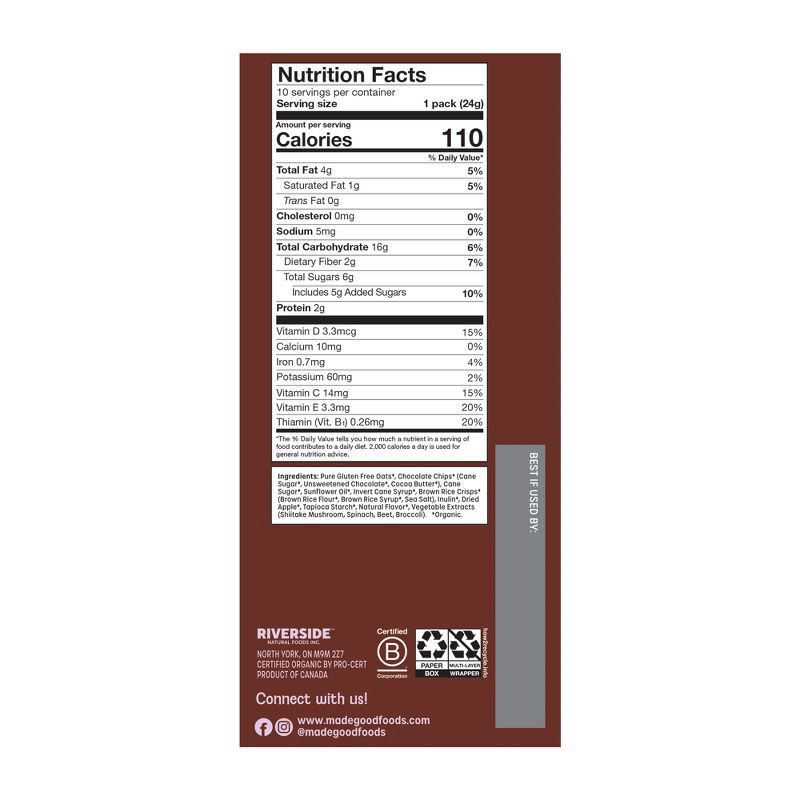 slide 6 of 6, MadeGood Snack Bars Chocolate Chip Granola Minis Family Pack - 8.5oz/10ct, 8.5 oz, 10 ct