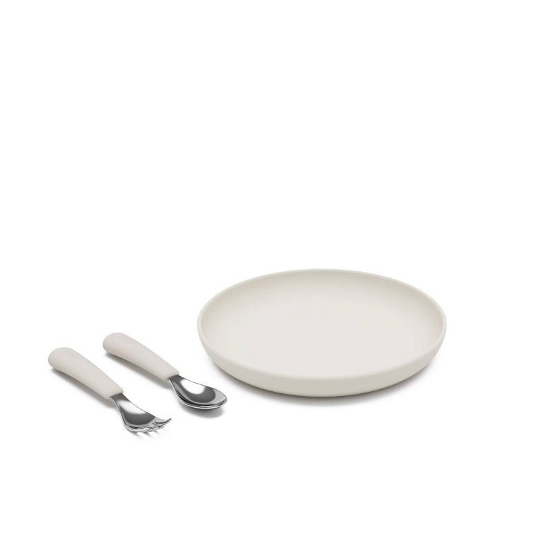 slide 1 of 9, Lalo 3pc Silicone Toddler Plate + Utensils Mealtime Set - Oatmeal, 3 ct