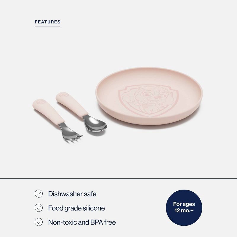 slide 3 of 8, Lalo PAW Patrol 3pc Silicone Plate + Utensils Set - Skye, 3 ct