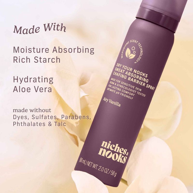 slide 7 of 13, Niches & Nooks, Sweat Absorbing Intimate pH Balanced Chafing Barrier Feminine Spray - Airy Vanilla - 2oz, 2 oz