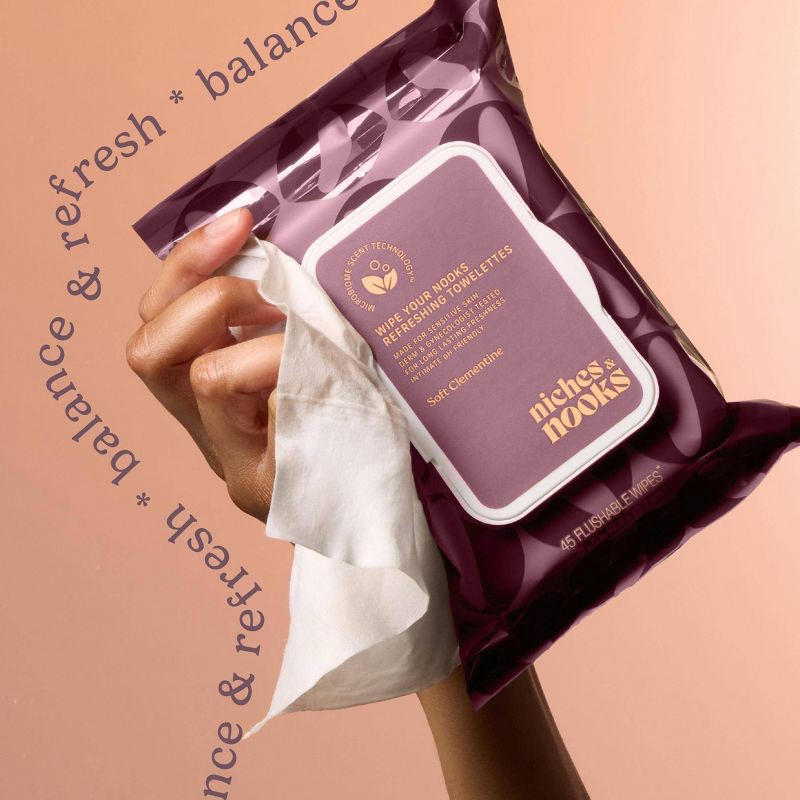 slide 3 of 12, Niches & Nooks Intimate pH Balanced Refreshing Flushable Feminine Wipes - Soft Clementine - 45ct, 45 ct