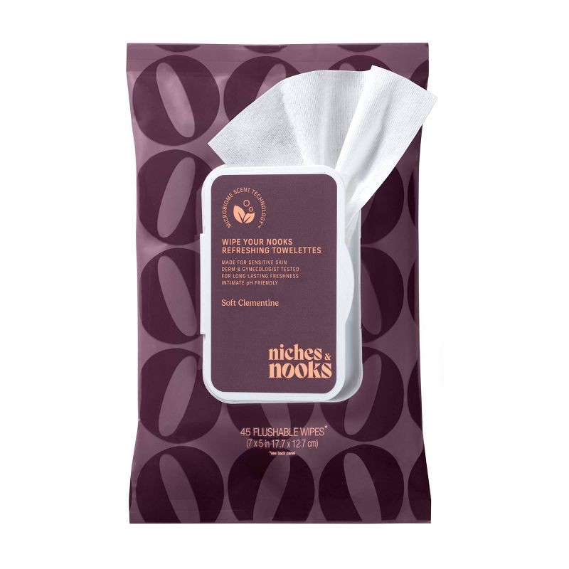 slide 2 of 12, Niches & Nooks Intimate pH Balanced Refreshing Flushable Feminine Wipes - Soft Clementine - 45ct, 45 ct