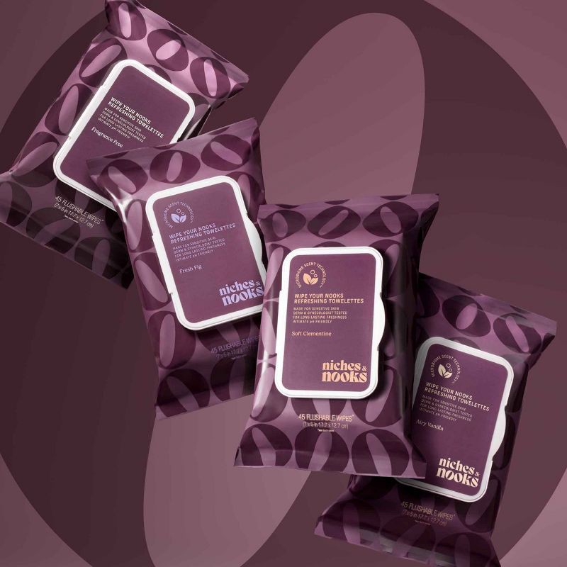 slide 12 of 12, Niches & Nooks Intimate pH Balanced Refreshing Flushable Feminine Wipes - Airy Vanilla - 45ct, 45 ct