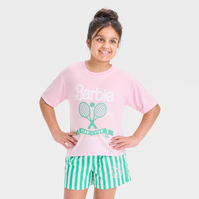 slide 3 of 4, Girls' Barbie Graphic T-Shirt & Boxer Pajama Set - Pink L: Polyester-Elastic Waistband, 1 ct