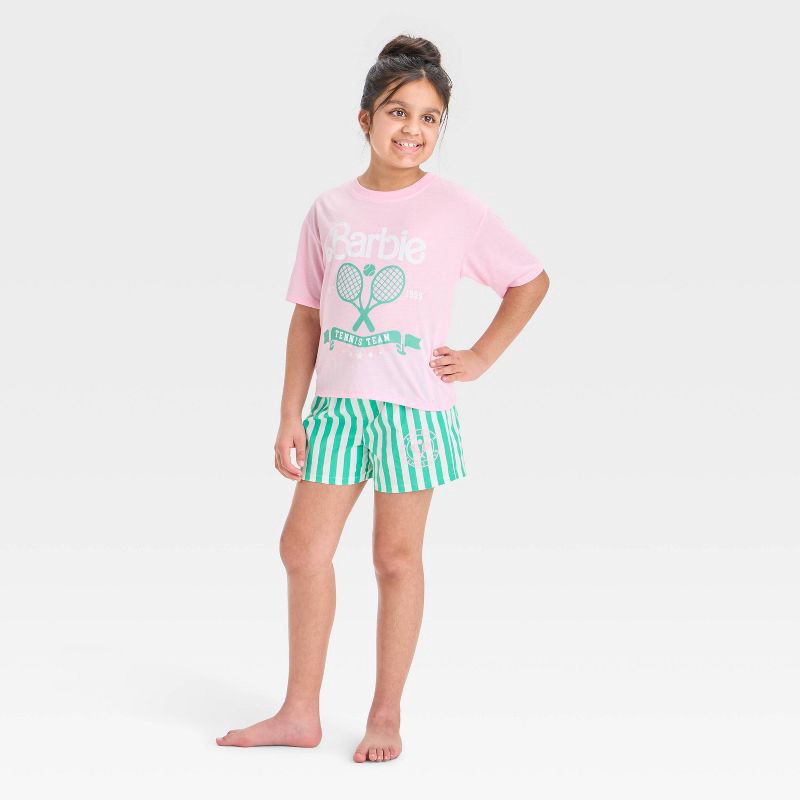 slide 1 of 4, Girls' Barbie Graphic T-Shirt & Boxer Pajama Set - Pink L: Polyester-Elastic Waistband, 1 ct