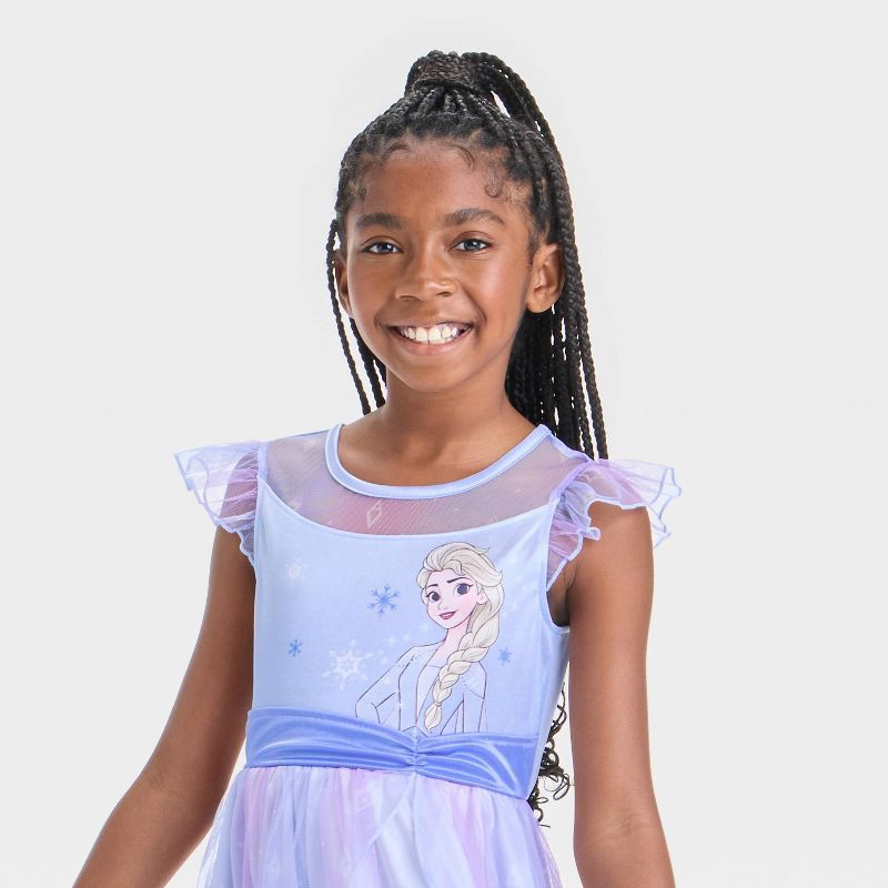 slide 3 of 3, Girls' Frozen Elsa NightGown - Blue L: Polyester Knit, Squareneck, Mini Cap Sleeve, 1 ct