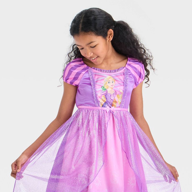 slide 3 of 3, Girls' Tangled Rapunzel NightGown - Purple M: Polyester Knit, Squareneck, Mini Cap Sleeve, 1 ct