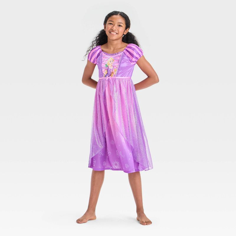 slide 1 of 3, Girls' Tangled Rapunzel NightGown - Purple M: Polyester Knit, Squareneck, Mini Cap Sleeve, 1 ct
