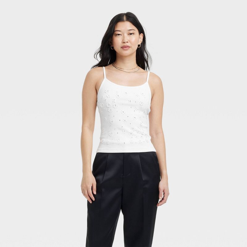slide 1 of 3, Women's Embellished Tank Top - A New Day™ White M: Cotton Modal Blend, Sequin Flower Beading, Scoopneck, Sleeveless Pullover, 1 ct
